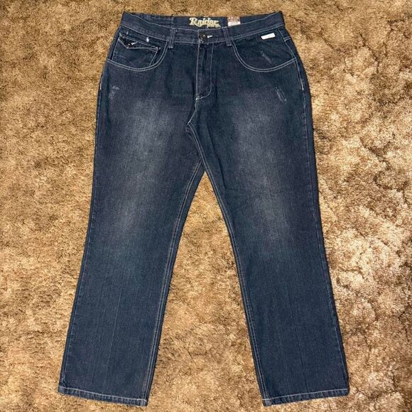 Y2K Raider Jean Co. Baggy Dark Wash Embroidered Baggy Jeans 38 X 32 - Picture 5 of 8